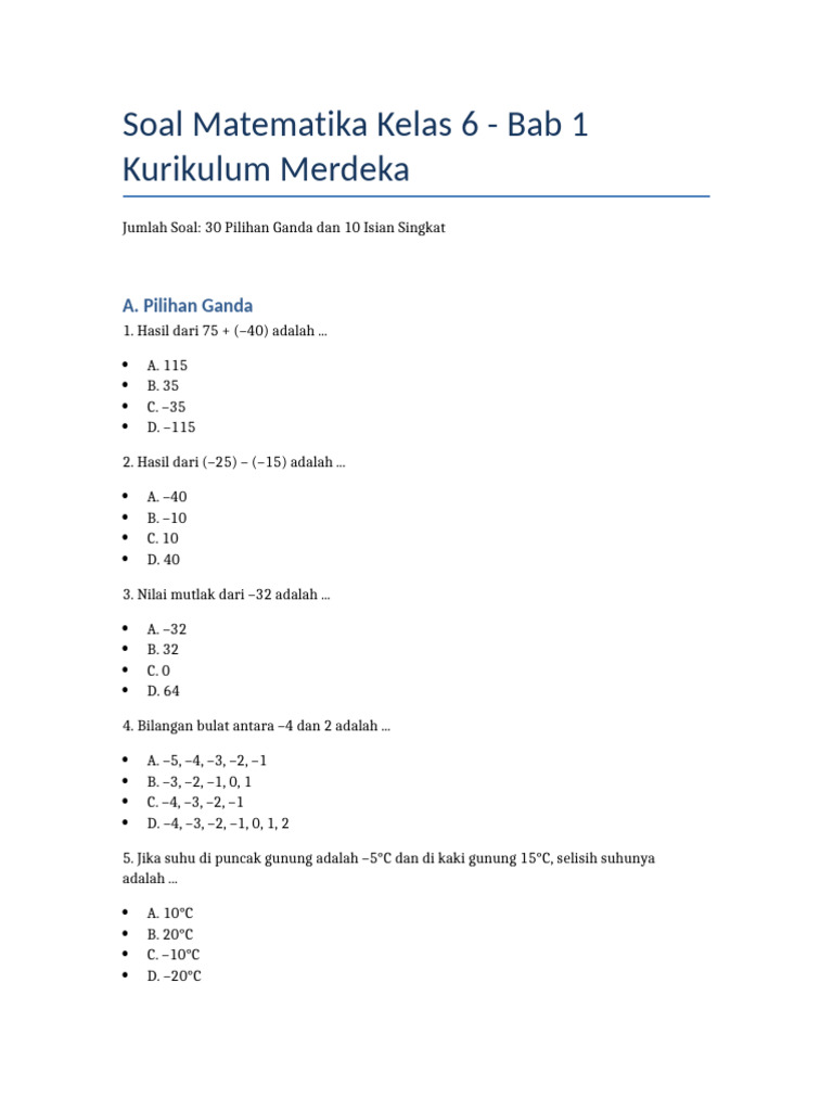 Soal Matematika Kelas 6 Bab 1 | PDF