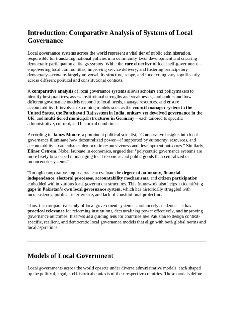 Comparative Local Governance Systems | PDF | Governance | Decentralization