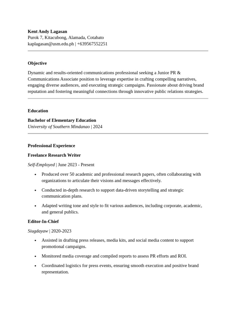 Junior PR & Communications Associate Resume | PDF | Public Relations ...