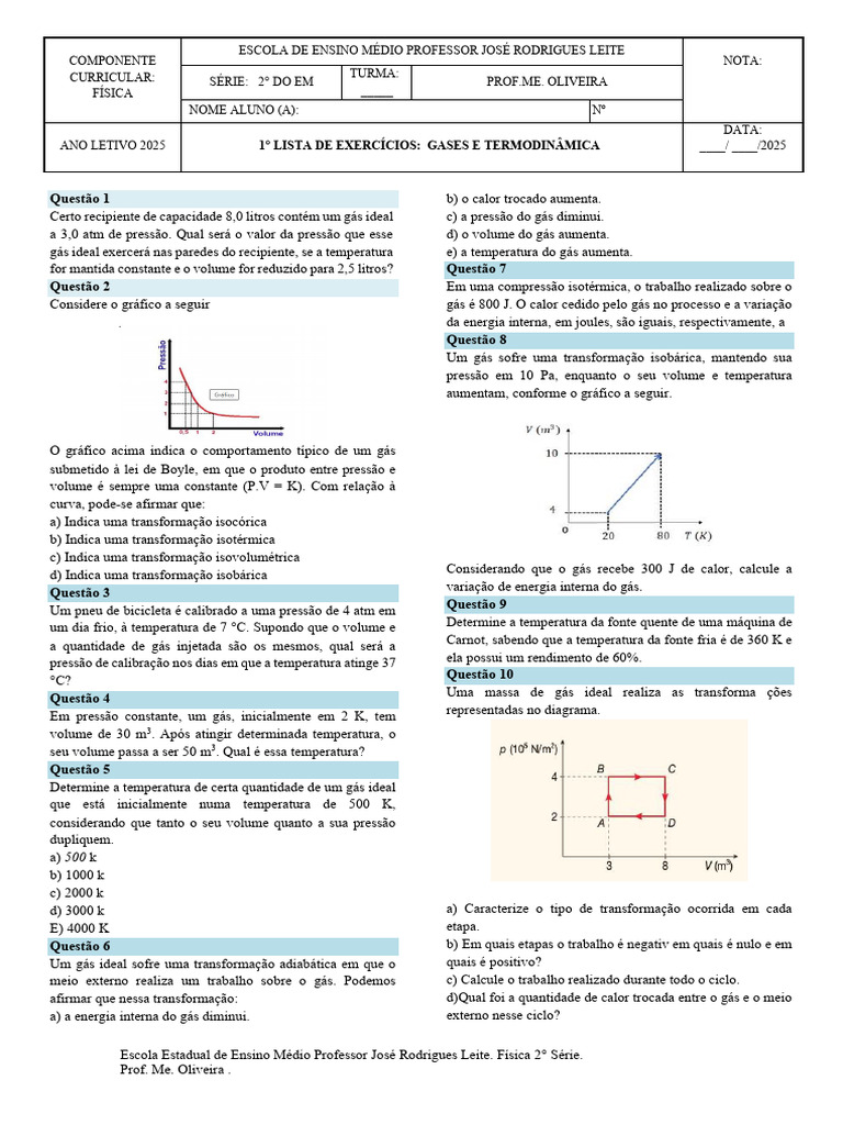 Exercícios sobre Transformações de Gases | PDF | Temperatura | Gases