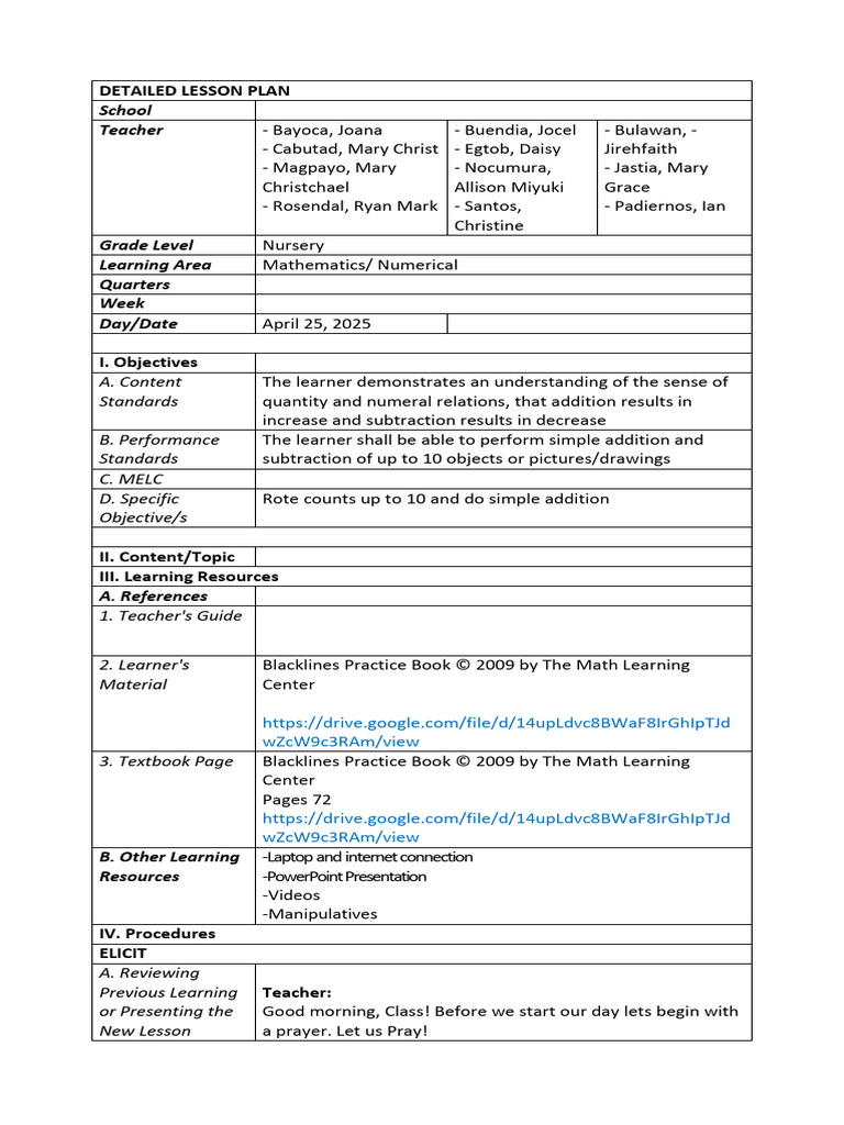 Detailed Lesson Plan Nursery Cwts | PDF | Learning | Cognition