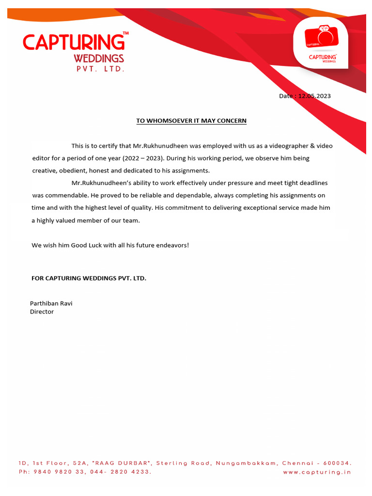 Rukhunudheen - Work Experience Letter | PDF