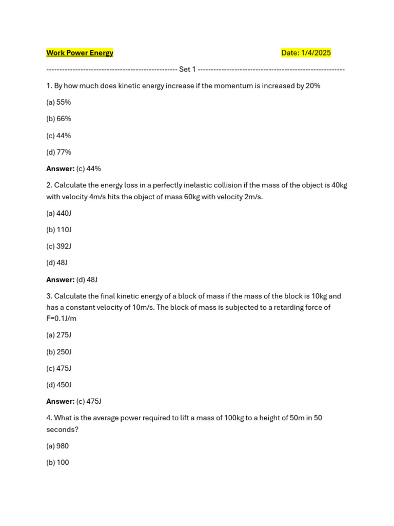 Work, Power, and Energy Quiz | PDF | Rotation Around A Fixed Axis ...