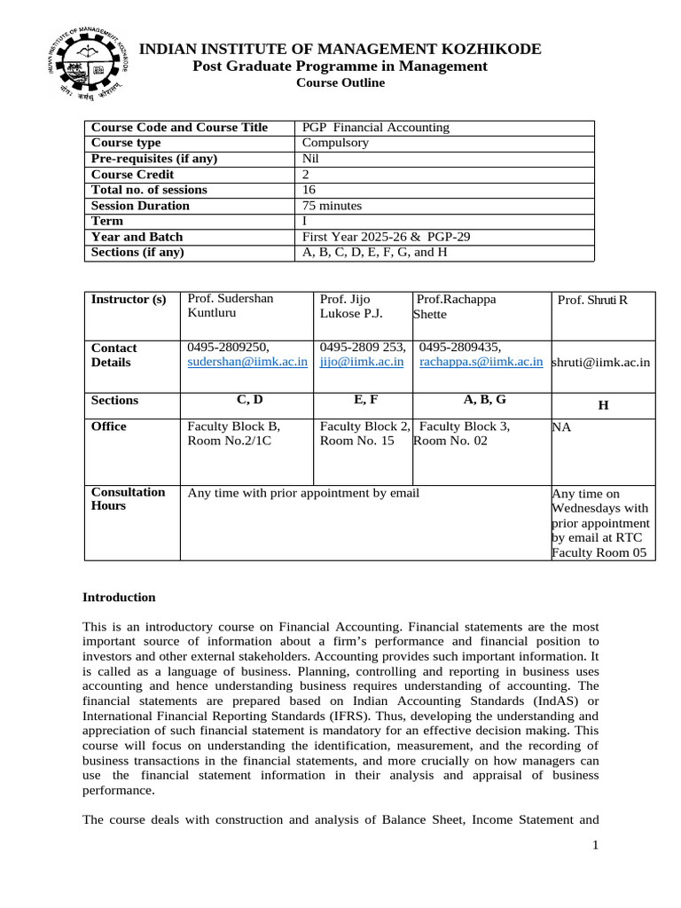 Financial Accounting Course Outline IIMK | PDF | Financial Accounting ...