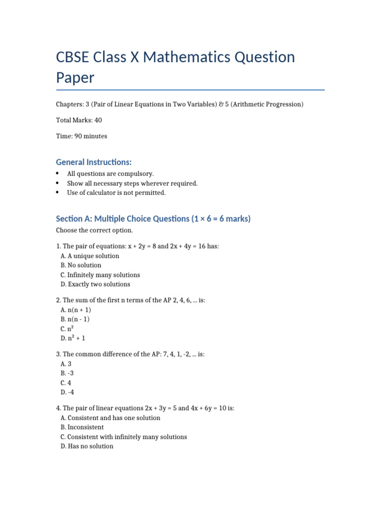 Class 10 Maths Question Paper PDF | PDF | System Of Linear Equations ...