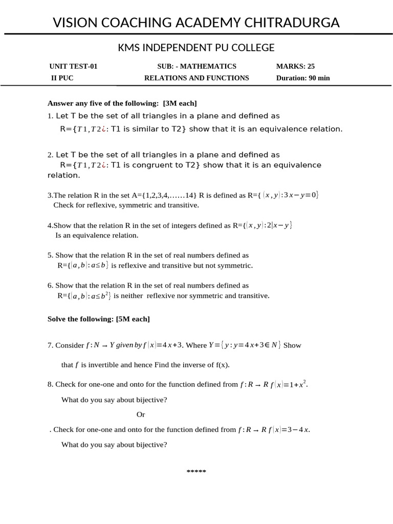 Kms Pu 2 Maths Ut1 | PDF