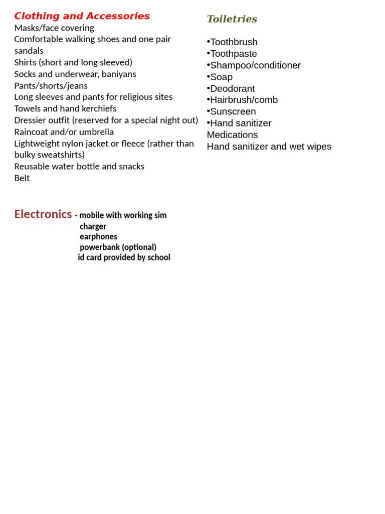 Essential Packing List for Travel | PDF