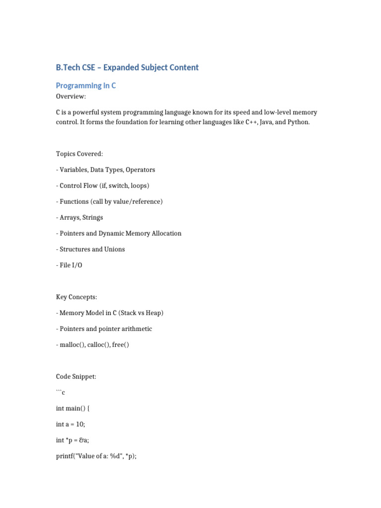B.Tech CSE Subject Overview Guide | PDF | Pointer (Computer Programming ...