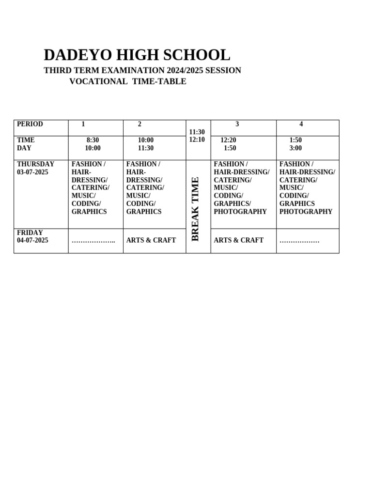Time Table For Vocation | PDF