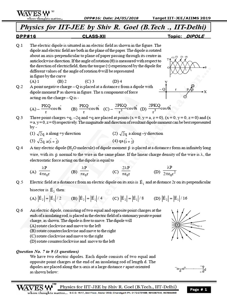 IIT-JEE Physics: Electric Dipole Concepts | PDF | Force | Dipole