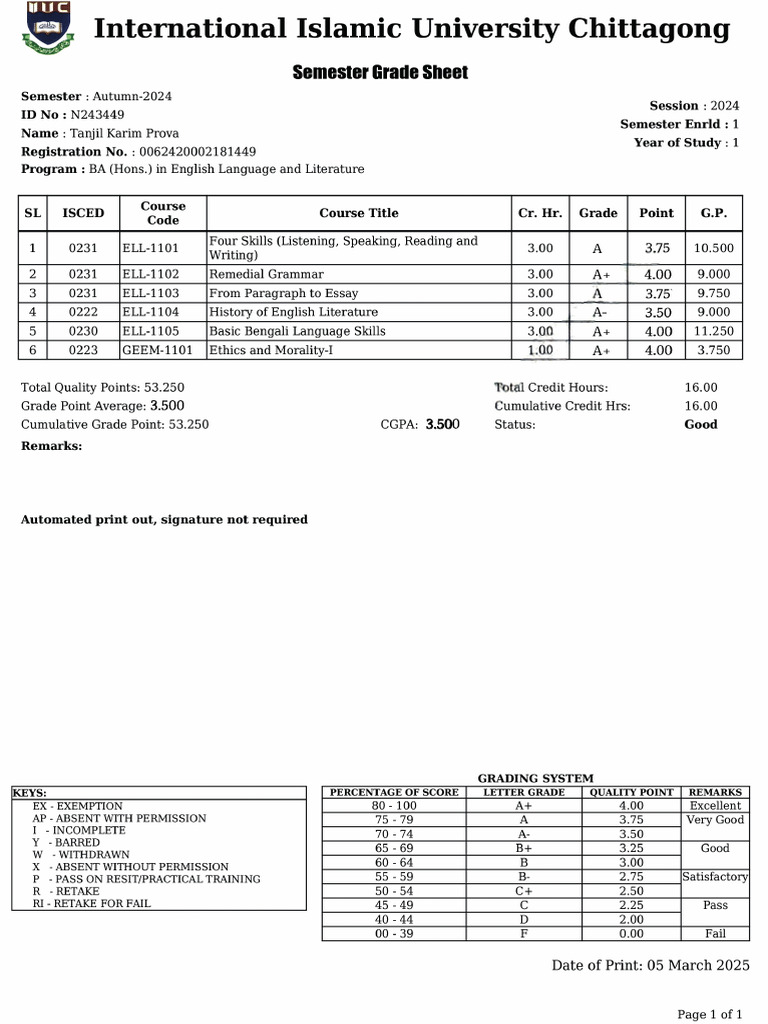 Semester Grade Sheet N243449 86 1 | PDF