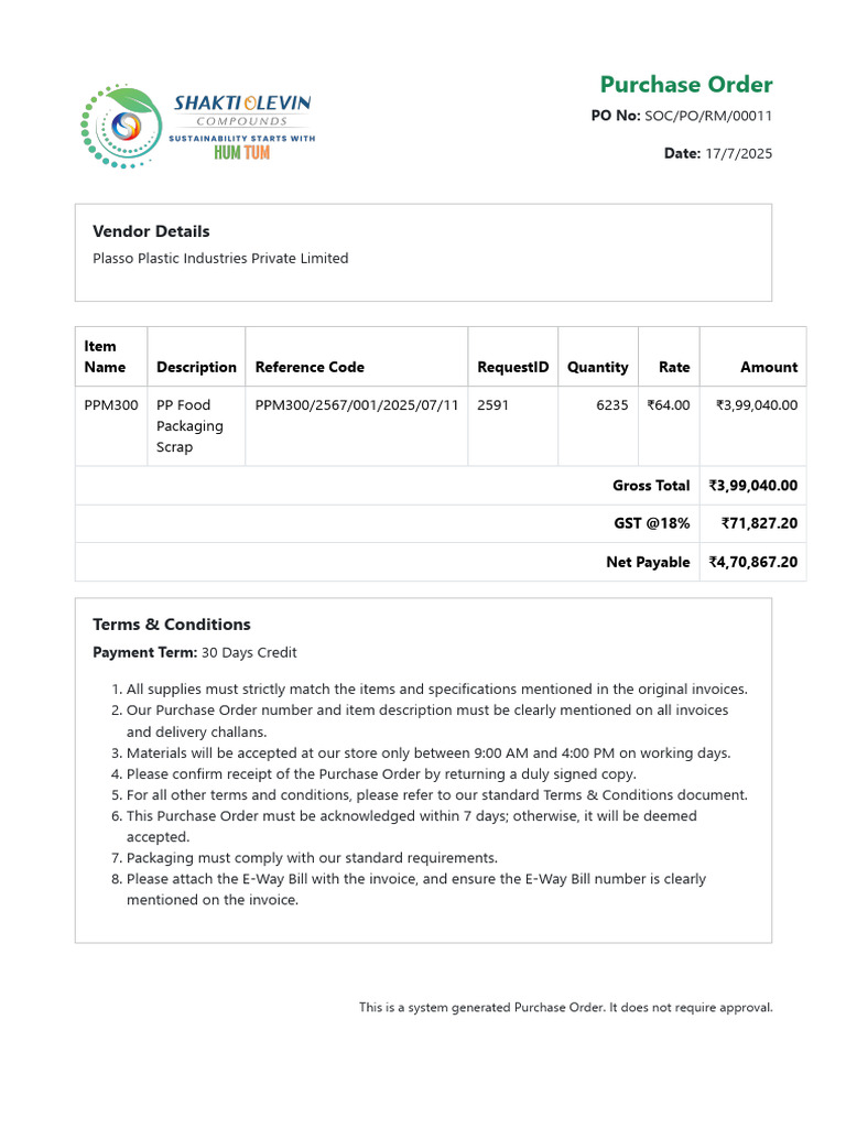 Purchase Order SOC/PO/RM/00011 Details | PDF