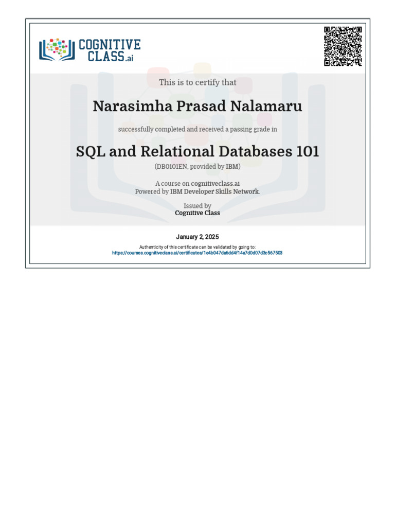 IBM SQL Certificate Achievement | PDF