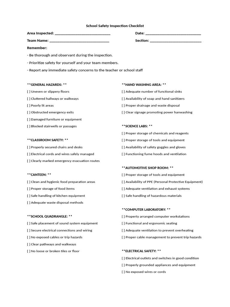 School Safety Inspection Checklist | PDF | Emergency Management ...