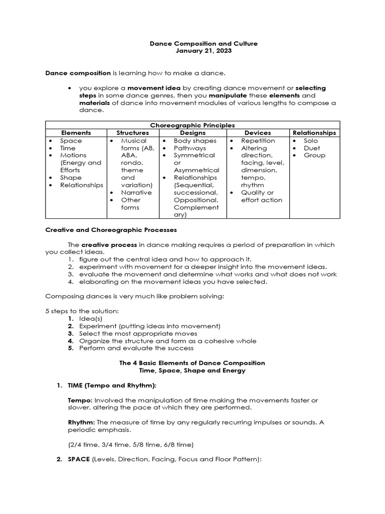 Dance Composition: Principles & Elements | PDF | Dances | Rhythm