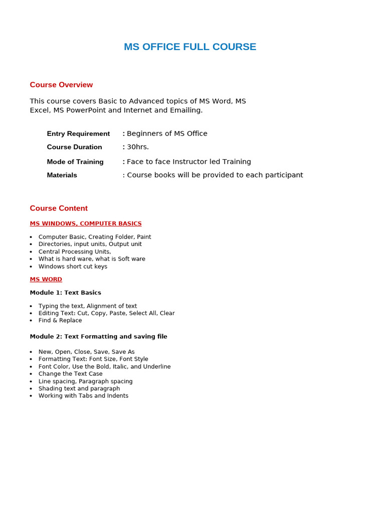 Comprehensive MS Office Training Course | PDF | Microsoft Excel ...