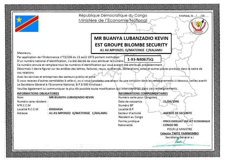 Numéro d'Identification Nationale RDC | PDF