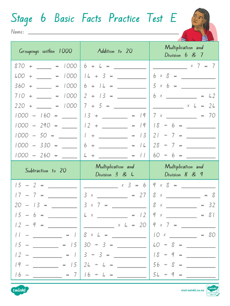 Test E - Stage 6 Basic Facts Practice | PDF