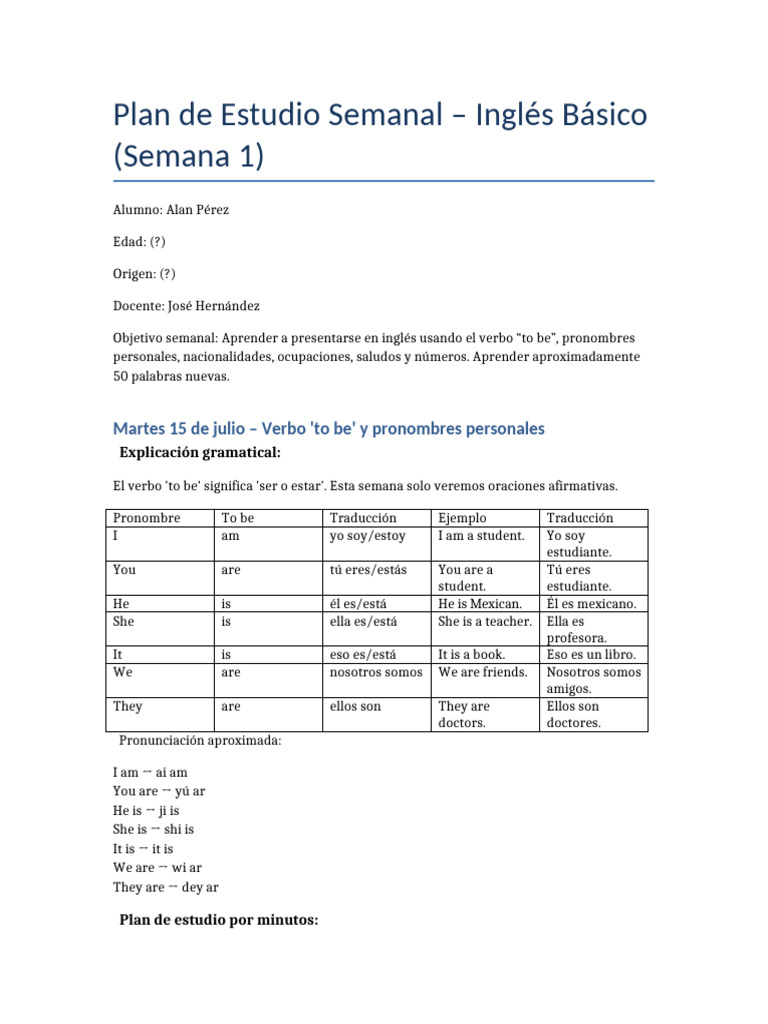 Plan de Estudio: Inglés Básico Semana 1 | PDF | Pronombre | Lingüística