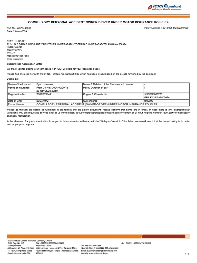 Compulsory Personal Accident Insurance Policy | PDF | Insurance ...