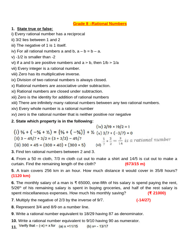 Class 8 Rational Numbers Worksheet | PDF | Rational Number | Numbers