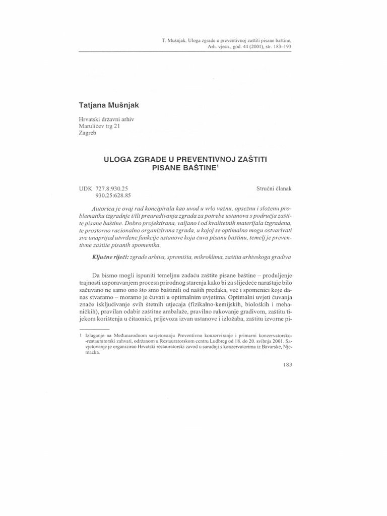 HRČAK Uloga Zgrade U Preventivnoj Zaštiti Pisane Baštine | PDF