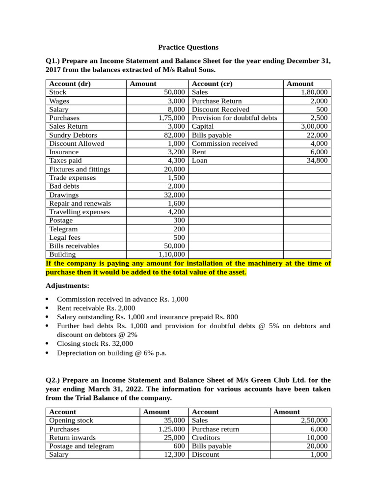 Practice Question (PL and BS) | PDF | Debits And Credits | Expense
