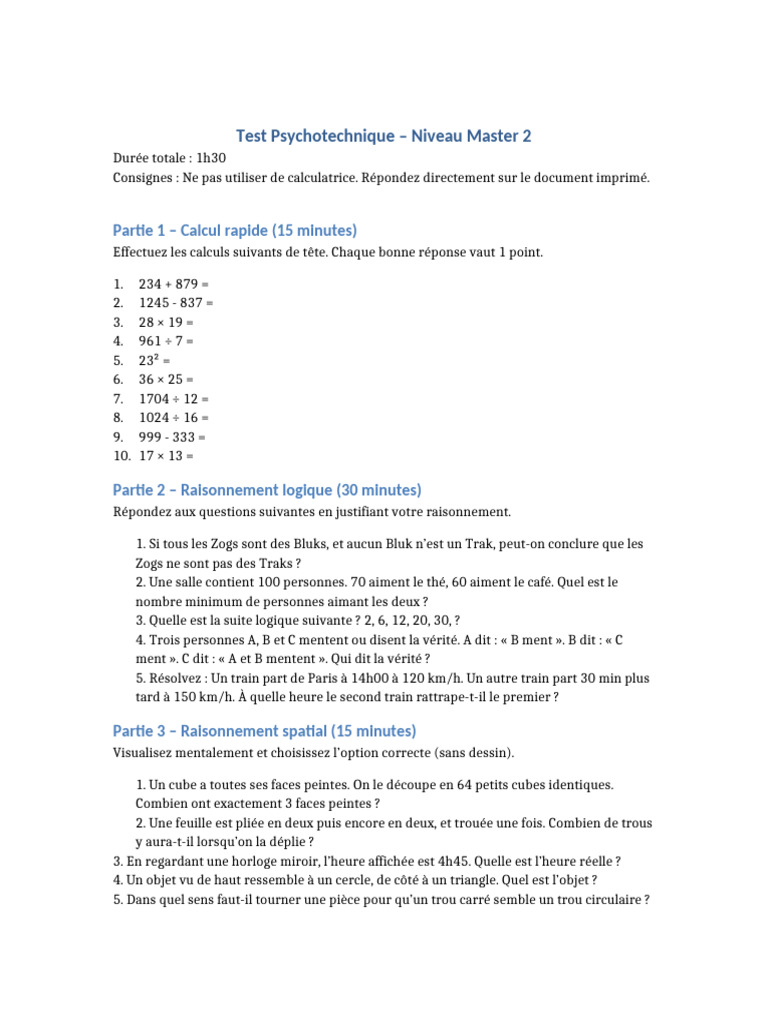 Test Psychotechnique Master 2 | PDF