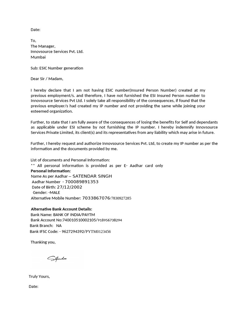 ESIC Number Generation Request Letter | PDF