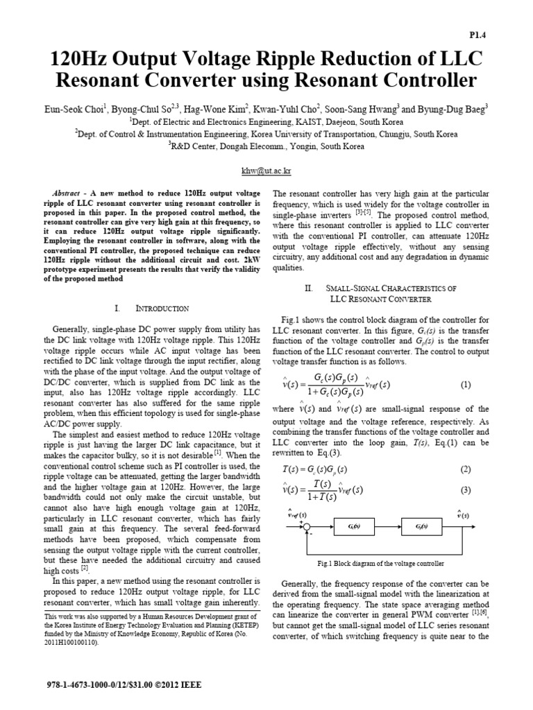 120Hz Output Voltage Ripple Reduction of LLC Resonant Converter Using ...