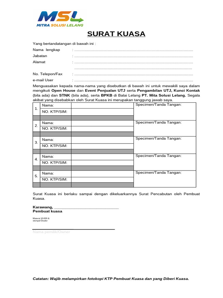 Surat Kuasa Lelang MSL | PDF