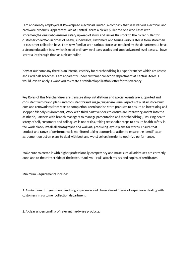 Merchandiser Msasa and Cardinals Application Letter Prompt | PDF
