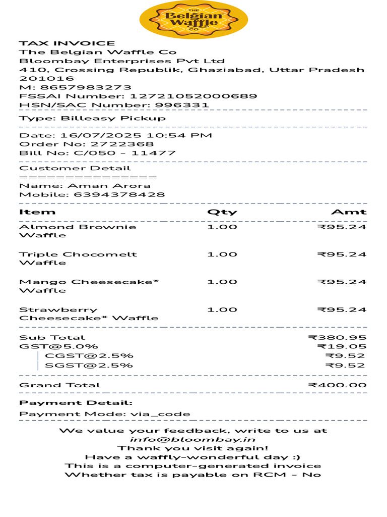Belgian Waffle Co Tax Invoice | PDF