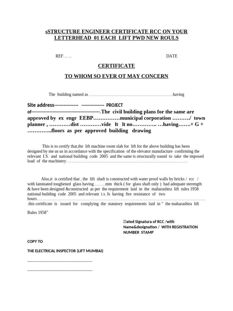 Structural Engineer Lift Certificate | PDF