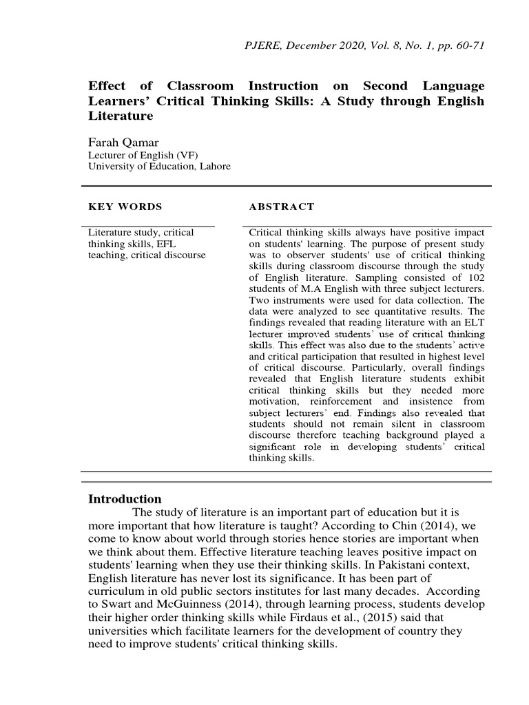 Classroom Instruction's Impact on Critical Thinking | PDF | Critical ...