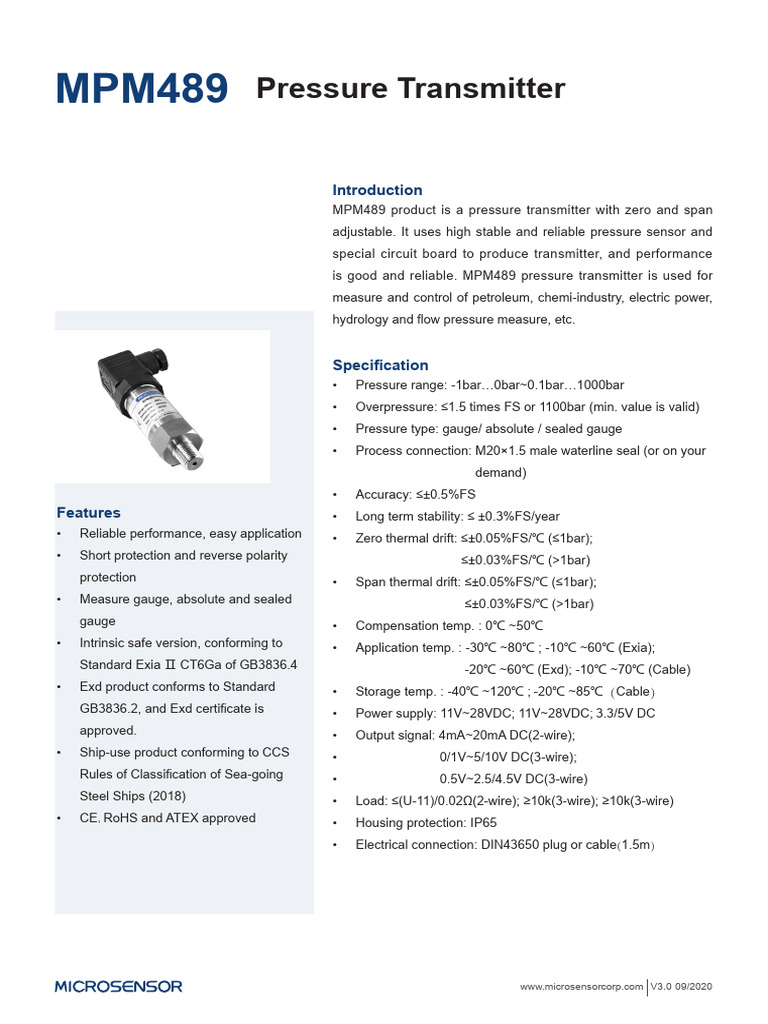 MPM489 Pressure Transmitter Overview | PDF | Pressure Measurement | Celsius