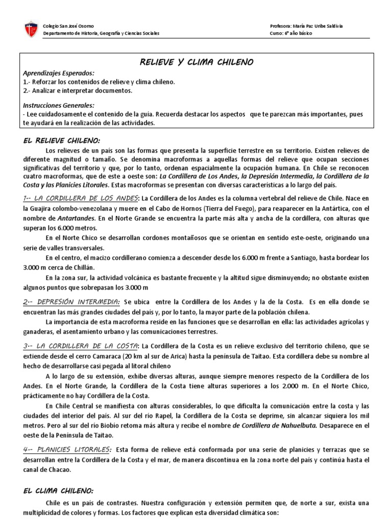 Relieve y Clima de Chile: Guía Educativa | PDF | Andes | Chile