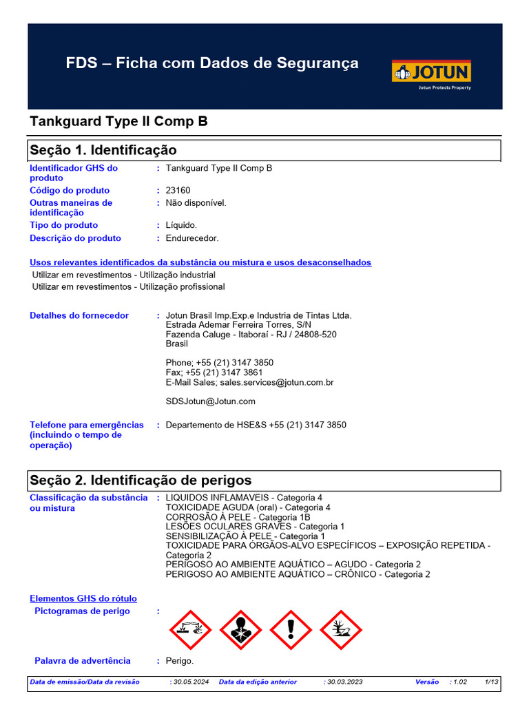 Ficha de Segurança Tankguard Type II Comp B | PDF | Temperatura ...