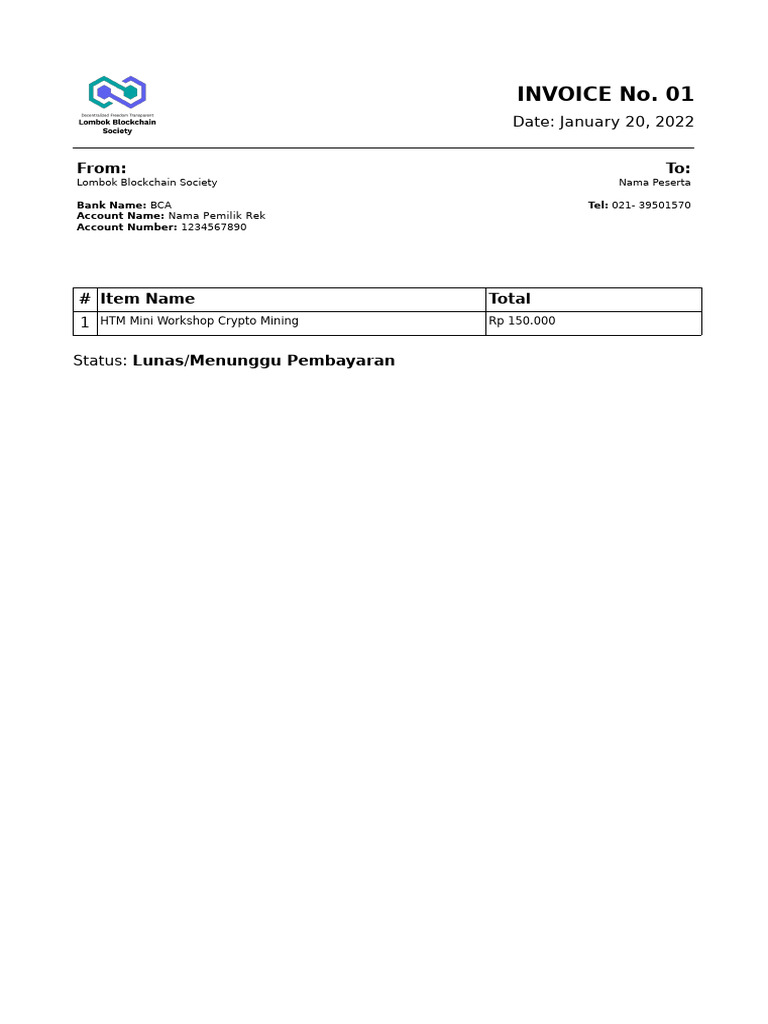 Invoice Lombok Blockchain Society | PDF