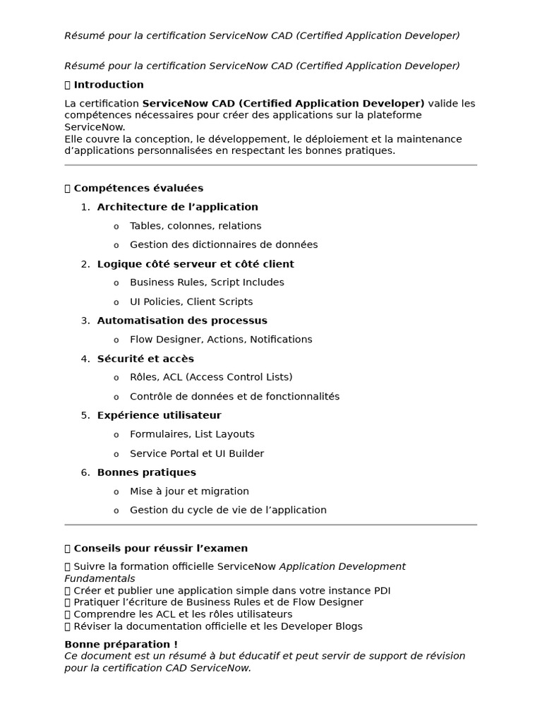 Guide de certification ServiceNow CAD | PDF