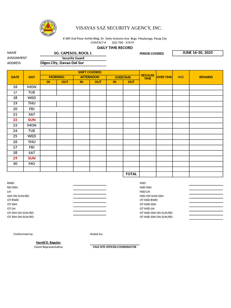 Daily Time Record for Security Guards | PDF
