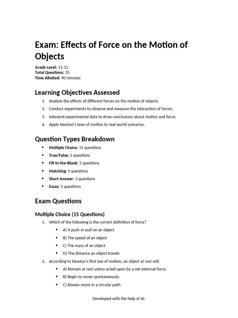 Exam on Forces and Motion Concepts | PDF | Force | Acceleration