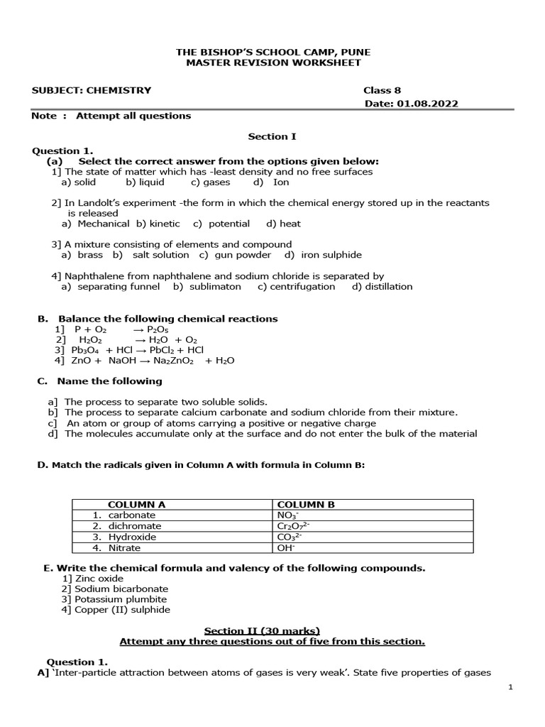 Chemistry Revision Worksheet for Class 8 | PDF | Sodium | Chemical ...