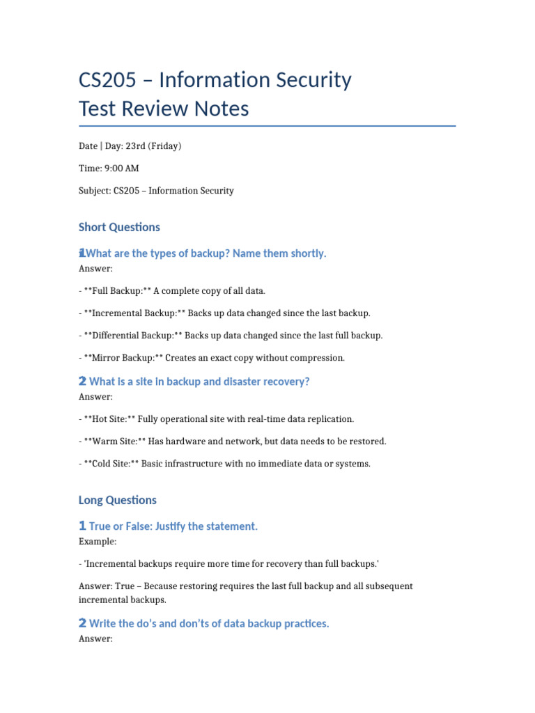 CS205 Information Security Backup Review | PDF