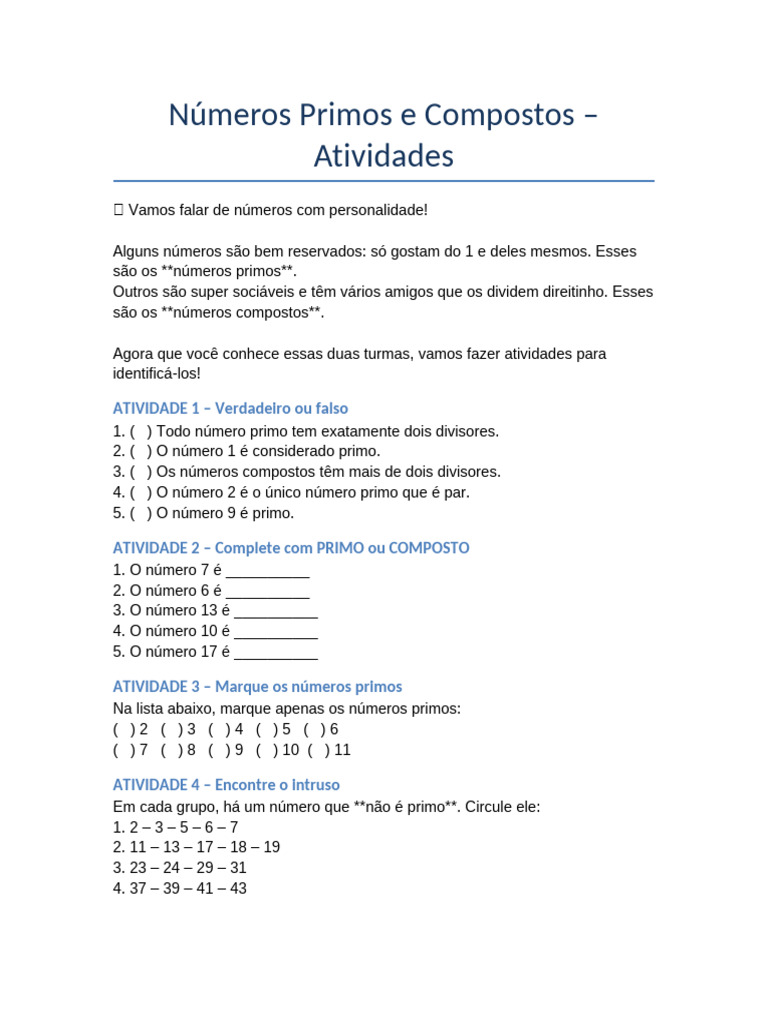 Atividades sobre Números Primos e Compostos | PDF