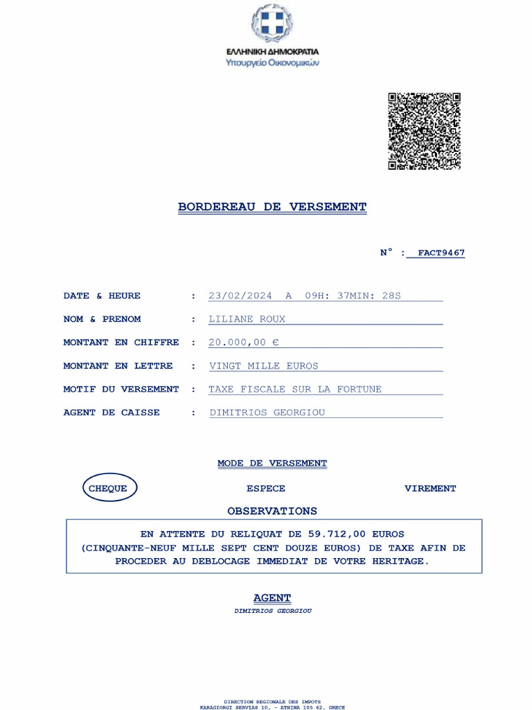 Bordereau de Versement Grec | PDF