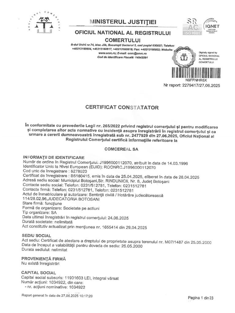 Extras ONRC-dovada Calitatii de Reprezentant Legal COMCEREAL SA ...