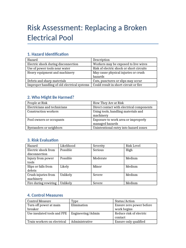Risk Assessment Replacing Broken Electrical Pool | PDF | Risk | Hazards