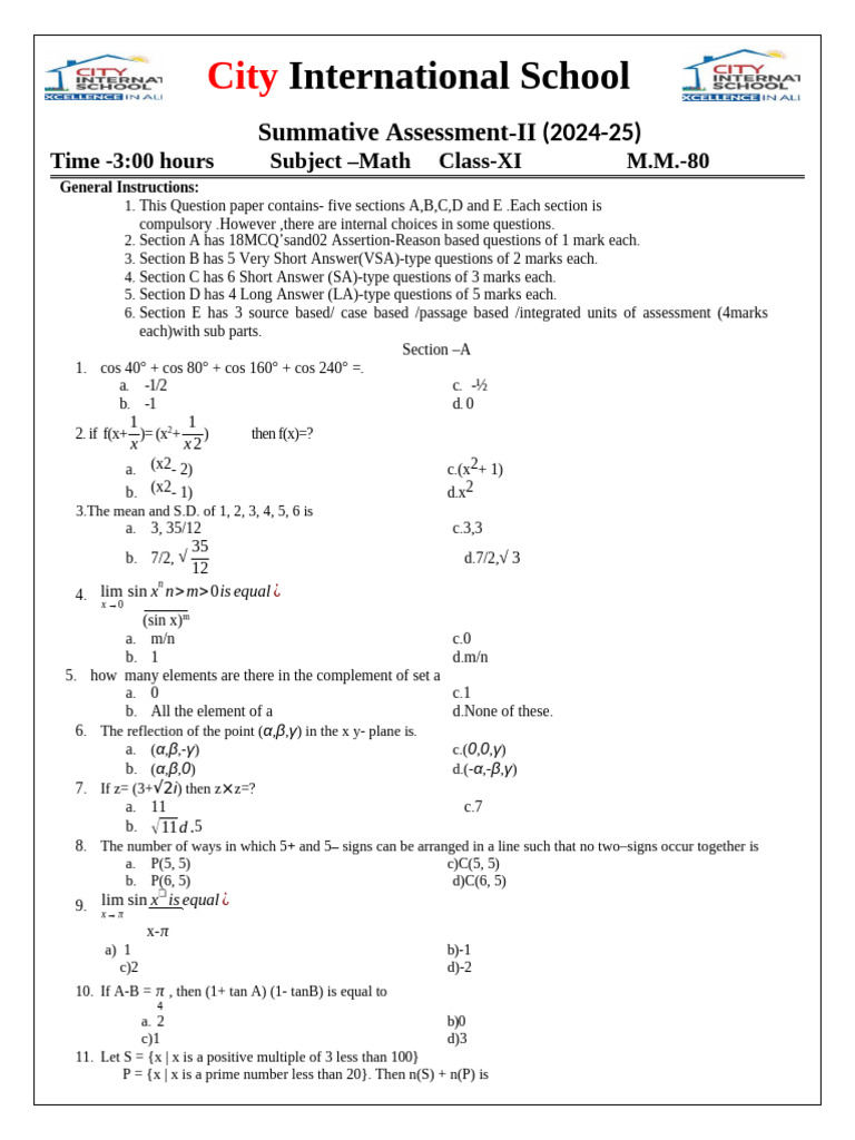 Math Assessment Class XI 2024-25 | PDF | Numbers | Mathematics