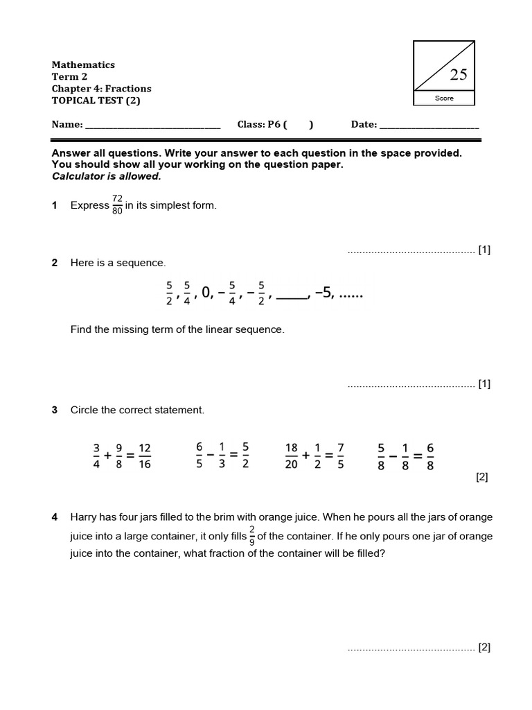 P6 Mathematics: Fractions Test | PDF | Mathematics